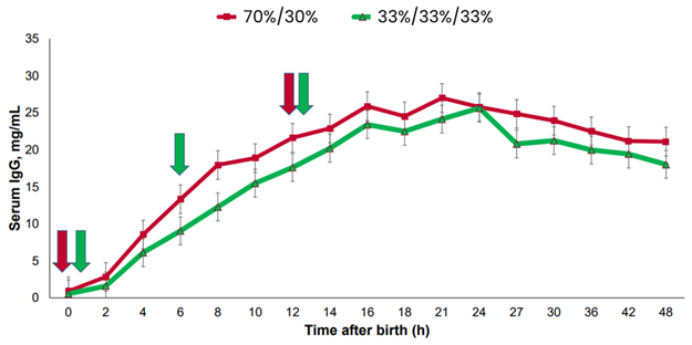 Grafiek: bij de rode lijn wordt 70% van de antilichamen in de eerste portie gegeven en de overige 30% na 12 uur. Bij de groene lijn wordt telkens 33% van de antilichamen gegeven op 0, 6 en 12 uur na de geboorte.